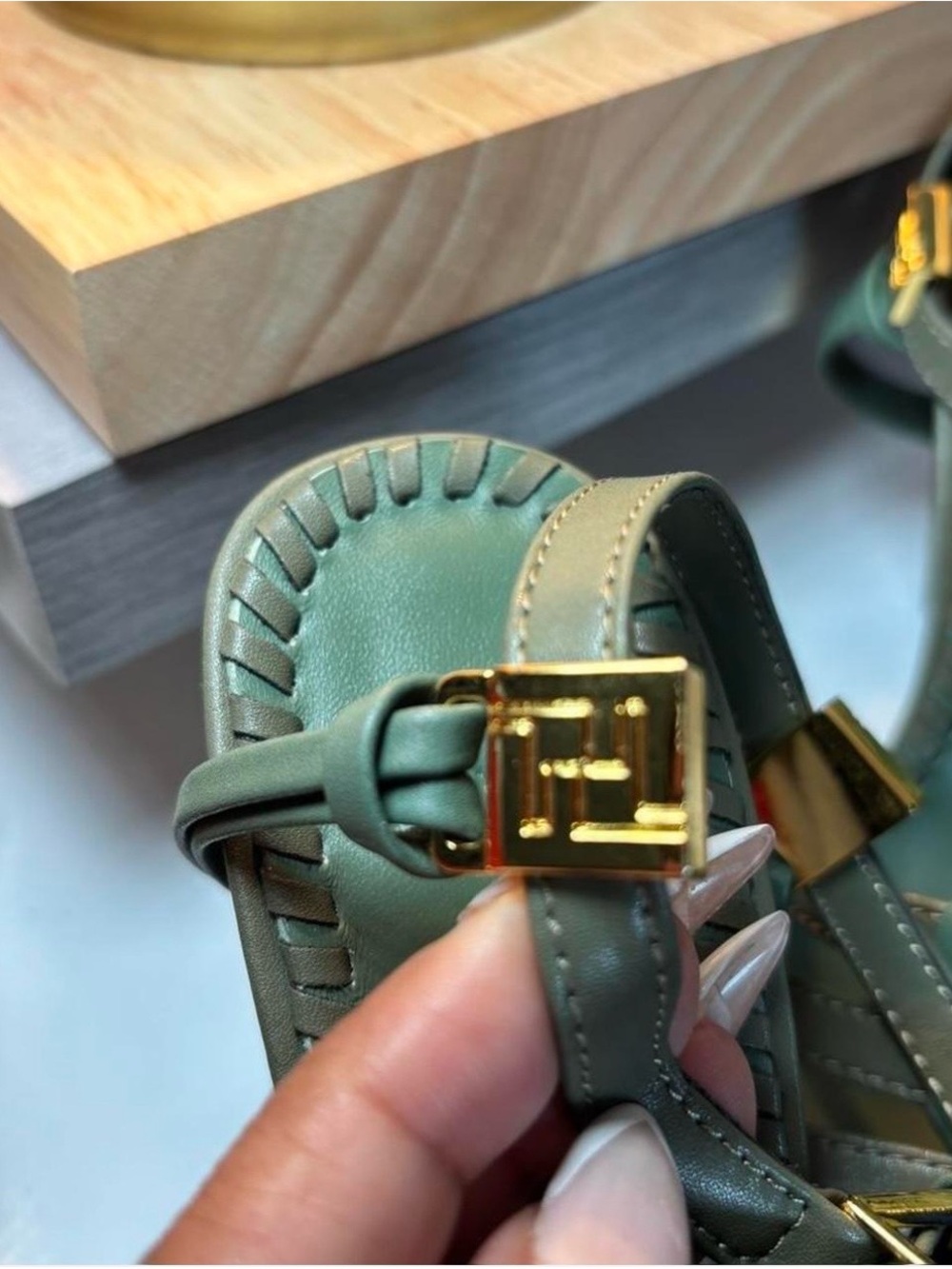 Fendi Olive Green Leather Strappy Sandals with Gold Buckles - Picture 6 of 8